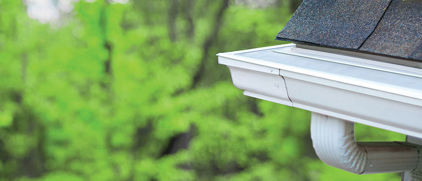 LeafFilter is displayed on clean, white gutters under an asphalt roof. A natural landscape sets the scene in the background.