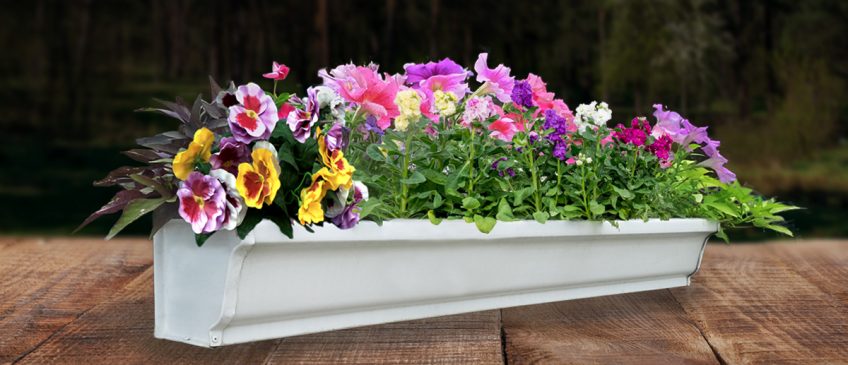 A gutter planter box filled with flowers and greenery